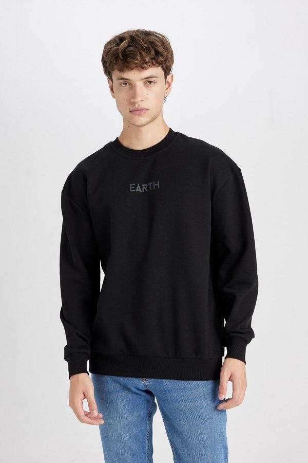 DEFACTO DEFACTO Men's Black Boxy Fit Crew Neck Printed Sweatshirt