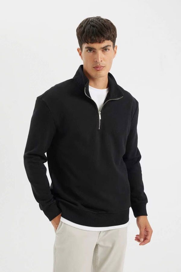 DEFACTO DEFACTO Men's Black Comfort Fit Stand Collar Zippered Thick Basic Plain Sweatshirt