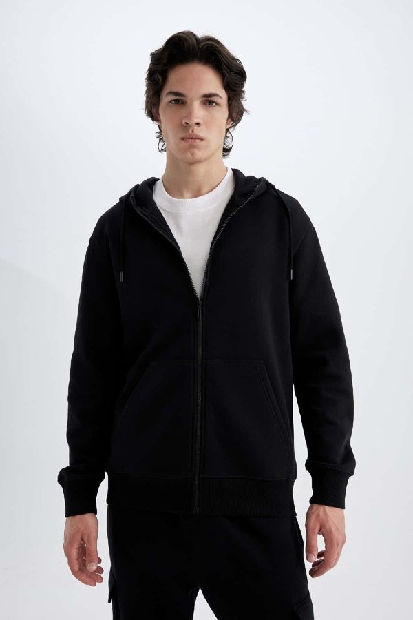 DEFACTO DEFACTO Men's Black Hooded Soft Fuzzy Inside Zipper Basic Cotton Sweatshirt Cardigan