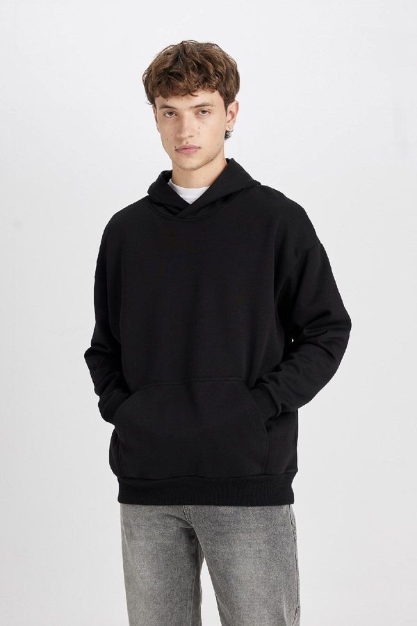 DEFACTO DEFACTO Men's Black Pocket Oversize Fit Hooded Basic Sweatshirt