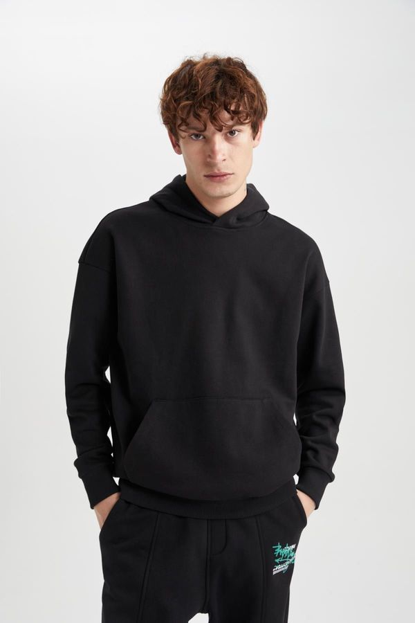 DEFACTO DEFACTO Men's Black Pocket Oversize Fit Hooded Basic Sweatshirt