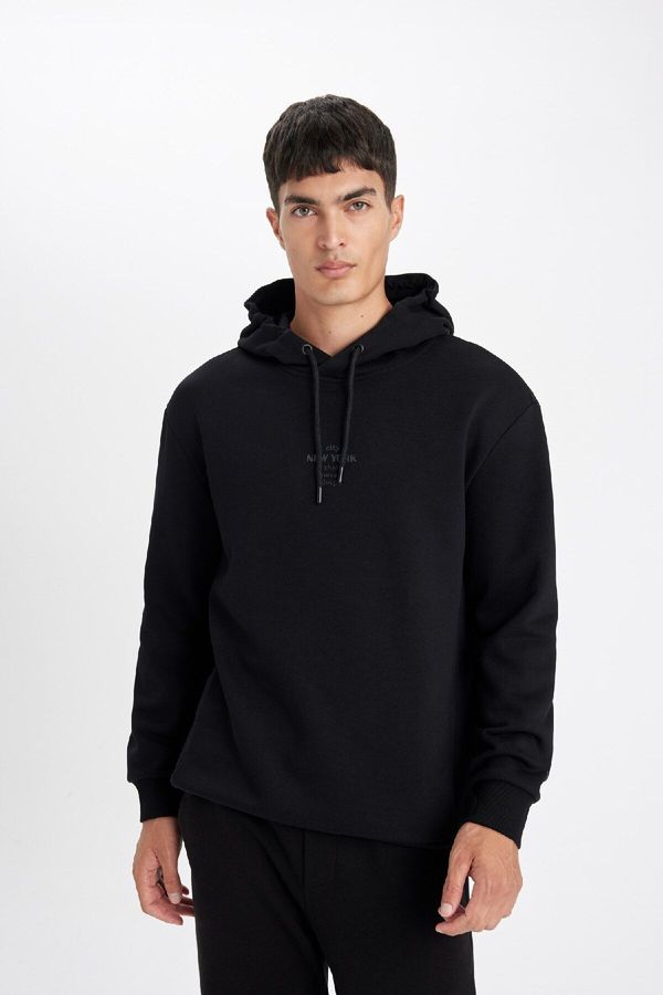 DEFACTO DEFACTO Men's Black Regular Fit Hooded Printed Sweatshirt