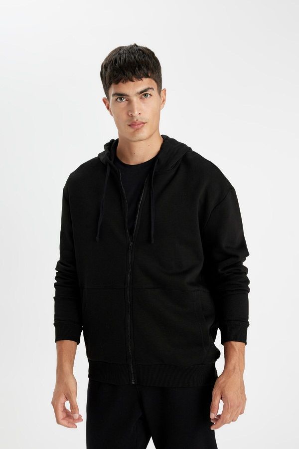 DEFACTO DEFACTO Men's Black Regular Fit Hooded Soft Fuzzy Inside Zippered Thick Cotton Sweatshirt Cardigan