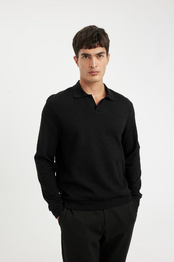 DEFACTO DEFACTO Men's Black Regular Fit Polo Neck Jacquard Knitwear Sweatshirt