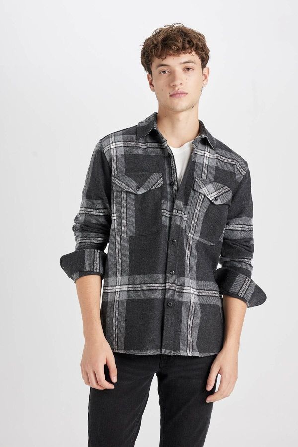 DEFACTO DEFACTO Men's Black Regular Fit Regular Cut Polo Collar Plaid Lumberjack Flannel Long Sleeve Shirt