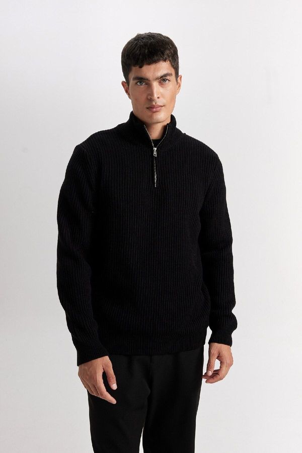 DEFACTO DEFACTO Men's Black Standard Fit Regular Cut Bato Collar Zippered Plain Sweater