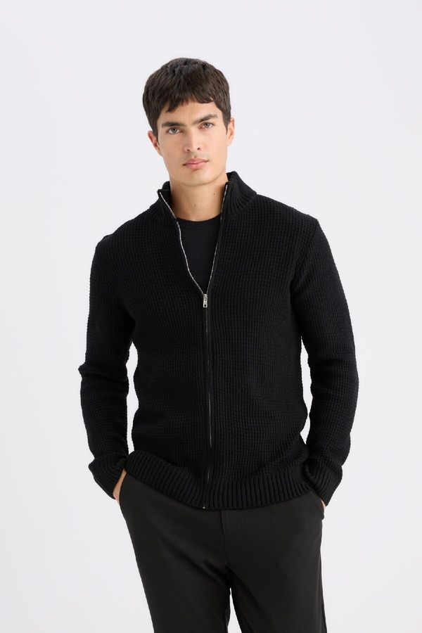 DEFACTO DEFACTO Men's Black Standard Fit Regular Cut Half Turtleneck Zippered Waffle Cardigan