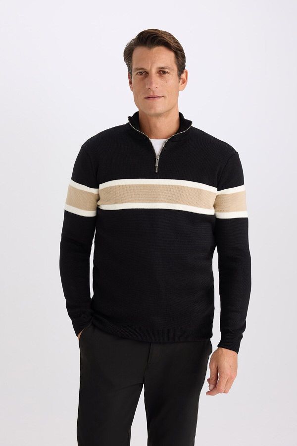 DEFACTO DEFACTO Men's Black Standard Fit Regular Cut Turtleneck Half Zipper Striped Knitwear Sweater