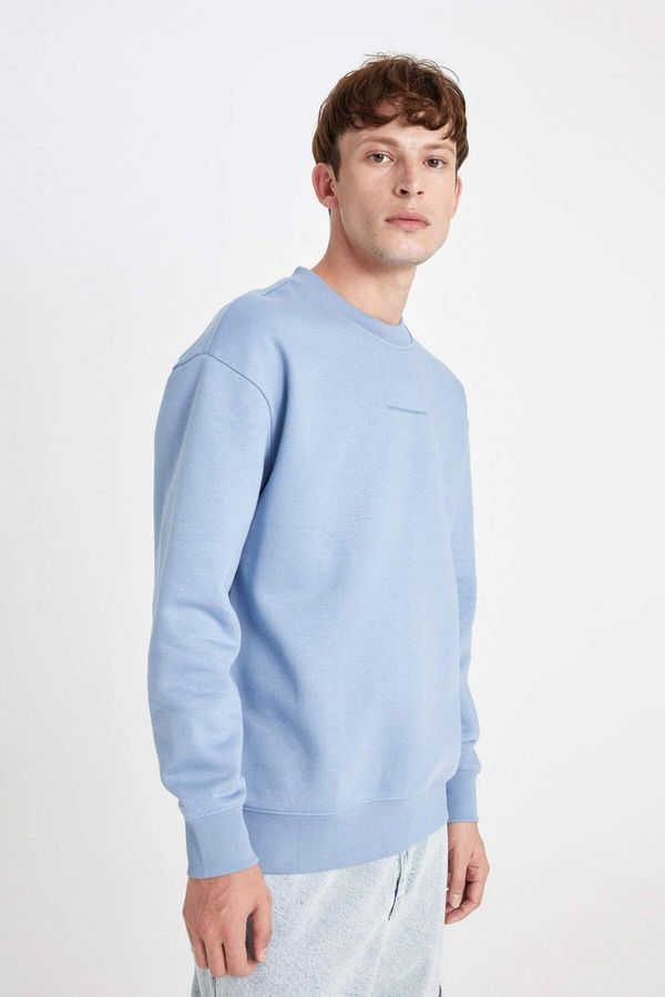 DEFACTO DEFACTO Men's Blue Boxy Fit Crew Neck Printed Sweatshirt