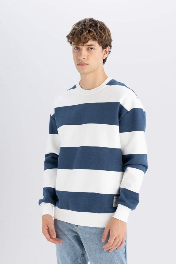 DEFACTO DEFACTO Men's Blue Boxy Fit Crew Neck Striped Sweatshirt