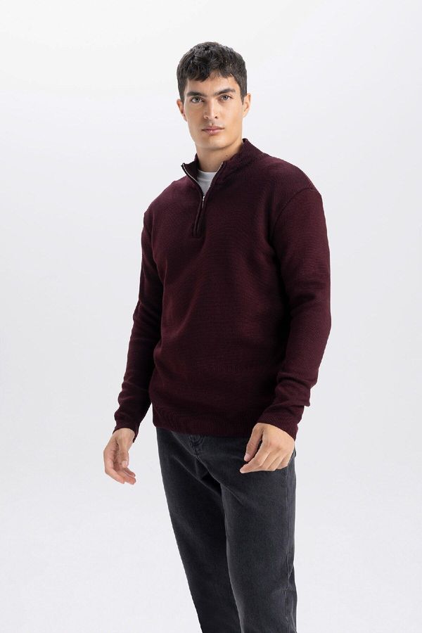 DEFACTO DEFACTO Men's Claret Red Standard Fit Regular Cut Bato Collar Zippered Ethnic Patterned Sweater