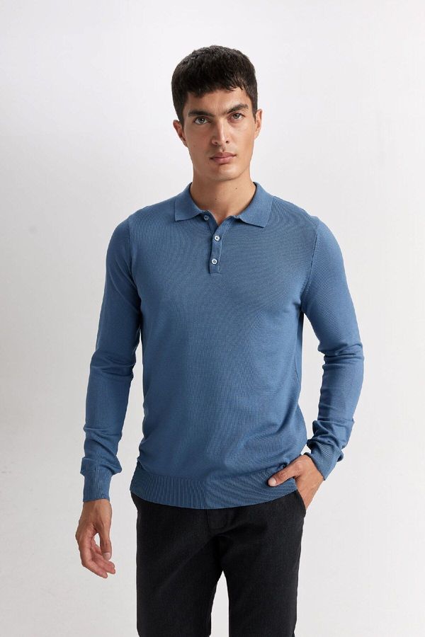 DEFACTO DEFACTO Men's Dark Blue Standard Fit Regular Cut Polo Collar Soft Textured Premium Knitwear Sweater