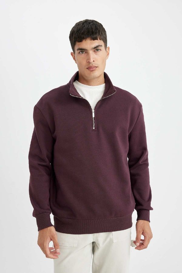 DEFACTO DEFACTO Men's Dark Burgundy Comfort Fit Stand Collar Zippered Thick Basic Plain Sweatshirt