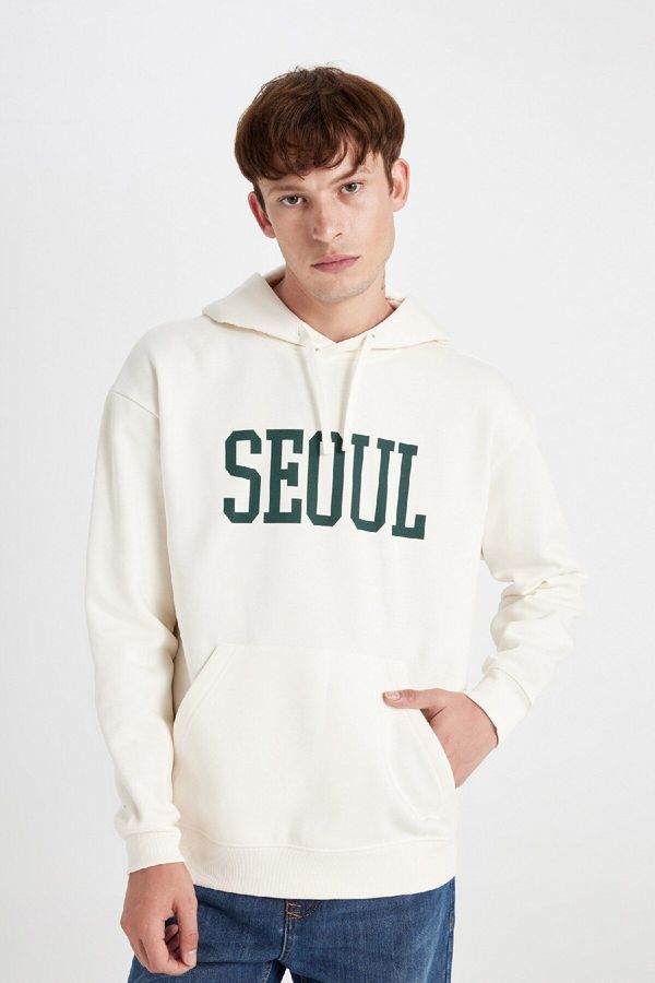 DEFACTO DEFACTO Men's Ecru Boxy Fit Hooded Slogan Printed Sweatshirt