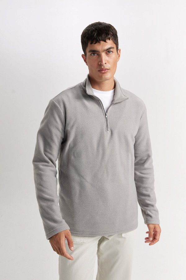 DEFACTO DEFACTO Men's Gray Non-Pilling Cold-Proof Regular Fit Stand Collar Zippered Fleece Sweatshirt Y3996az