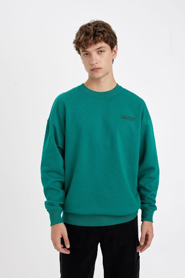 DEFACTO DEFACTO Men's Green Oversize Fit Crew Neck Printed Sweatshirt