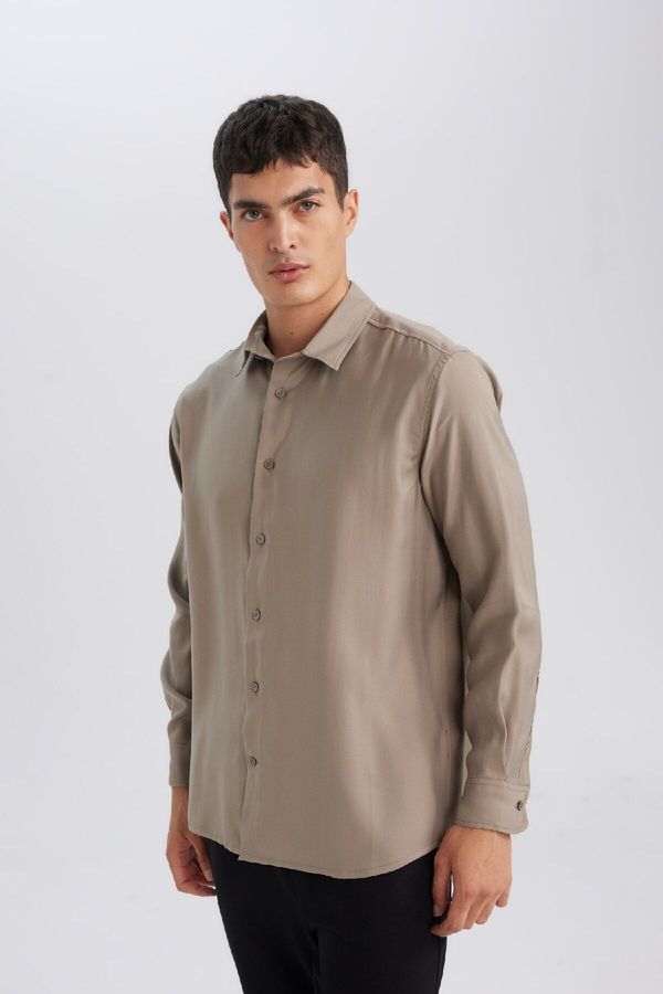 DEFACTO DEFACTO Men's Khaki Relax Fit Relaxed Cut Twill Fabric Modal Blend Long Sleeve Shirt