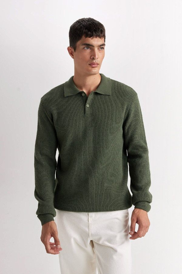 DEFACTO DEFACTO Men's Khaki Standard Fit Regular Cut Polo Neck Knitwear Sweater