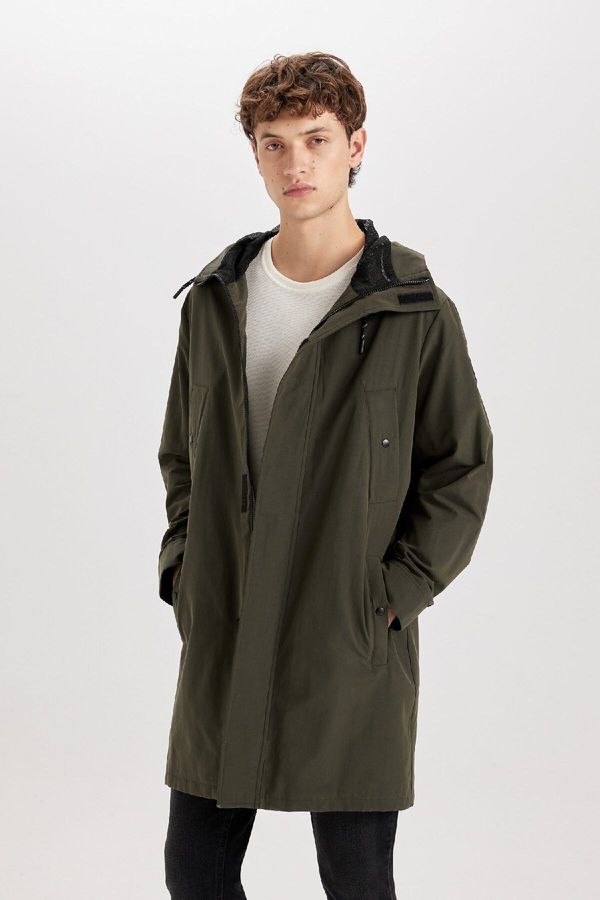 DEFACTO DEFACTO Men's Khaki Water Repellent Regular Fit Normal Cut Hooded Zippered Pocket Long Raincoat Coat