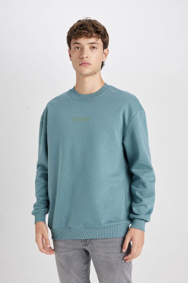 DEFACTO DEFACTO Men's Mint Boxy Fit Crew Neck Printed Sweatshirt