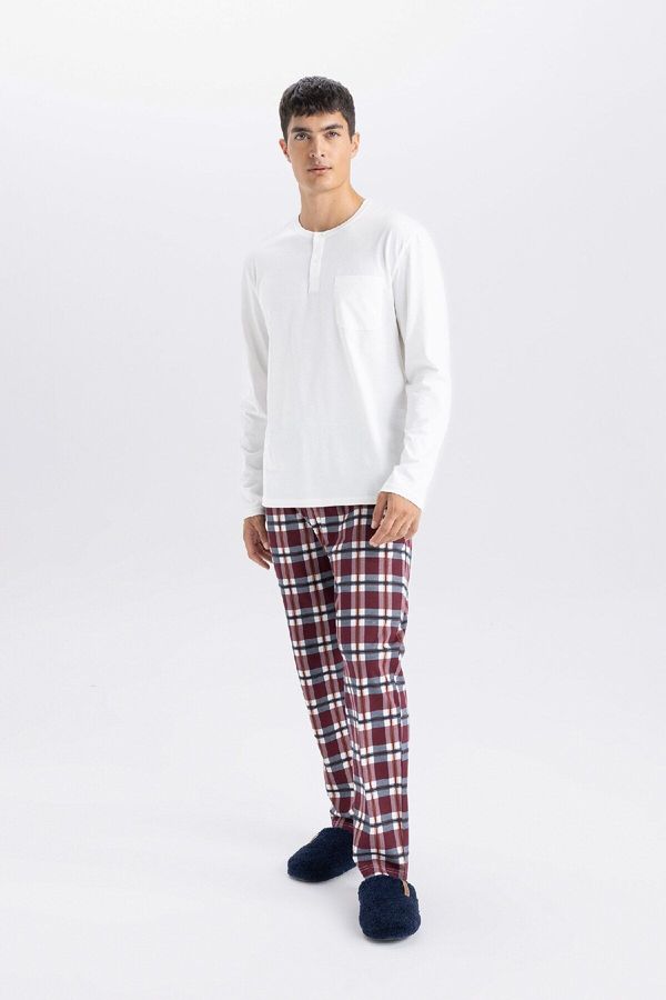 DEFACTO DEFACTO Men's Regular Fit Crew Neck Long Sleeve Basic Plain Top Plaid Bottom Pajama Set