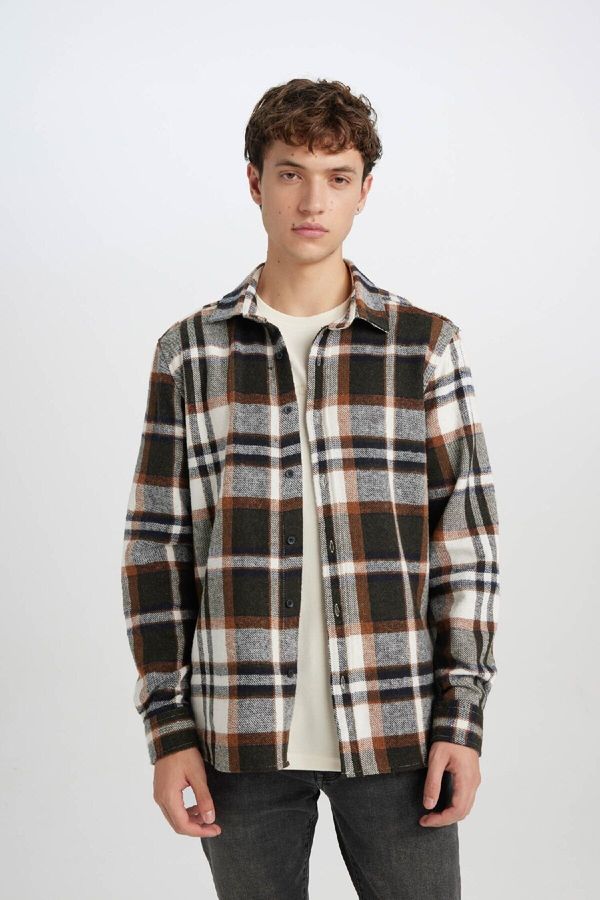 DEFACTO DEFACTO Men's Regular Fit Regular Cut Polo Collar Plaid Lumberjack Flannel Long Sleeve Shirt