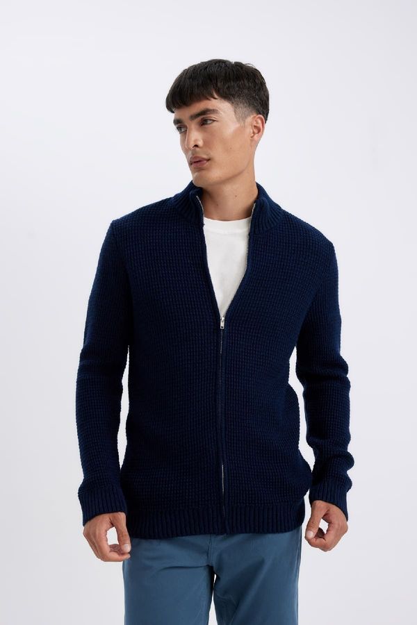 DEFACTO DEFACTO Navy Blue Standard Fit Regular Cut Half Turtleneck Zippered Knitwear Cardigan