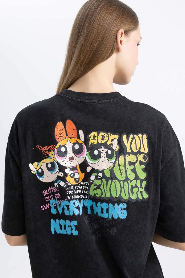 DEFACTO DEFACTO Oversize Fit Crew Neck Printed PowerPuff Girls Licensed Mini Short Sleeve Knitted Dress