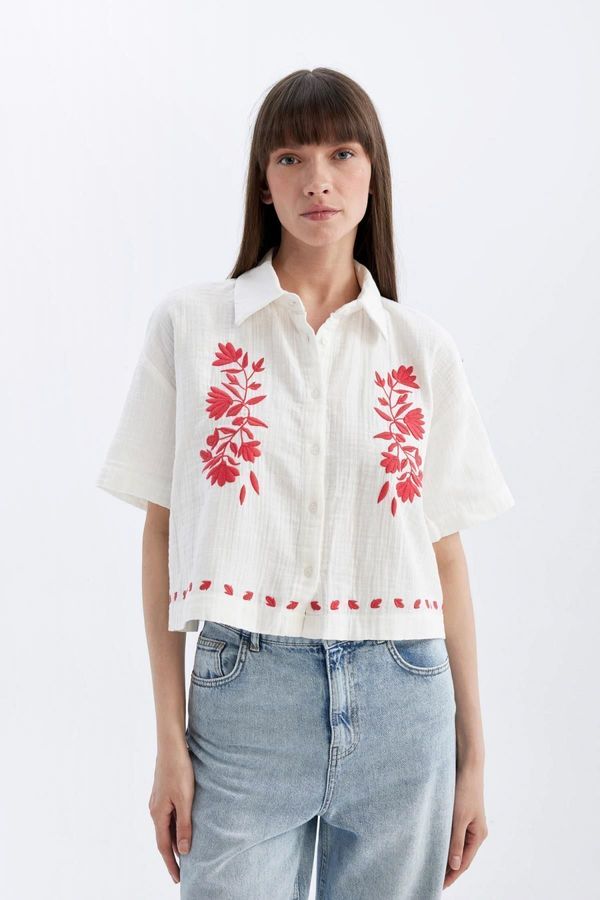 DEFACTO DEFACTO Oversize Fit Embroidered Muslin Short Sleeve Shirt