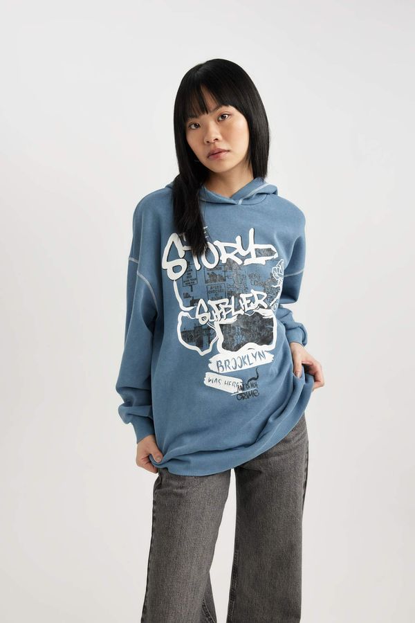 DEFACTO DEFACTO Oversize Fit Printed Hooded Thick Sweatshirt