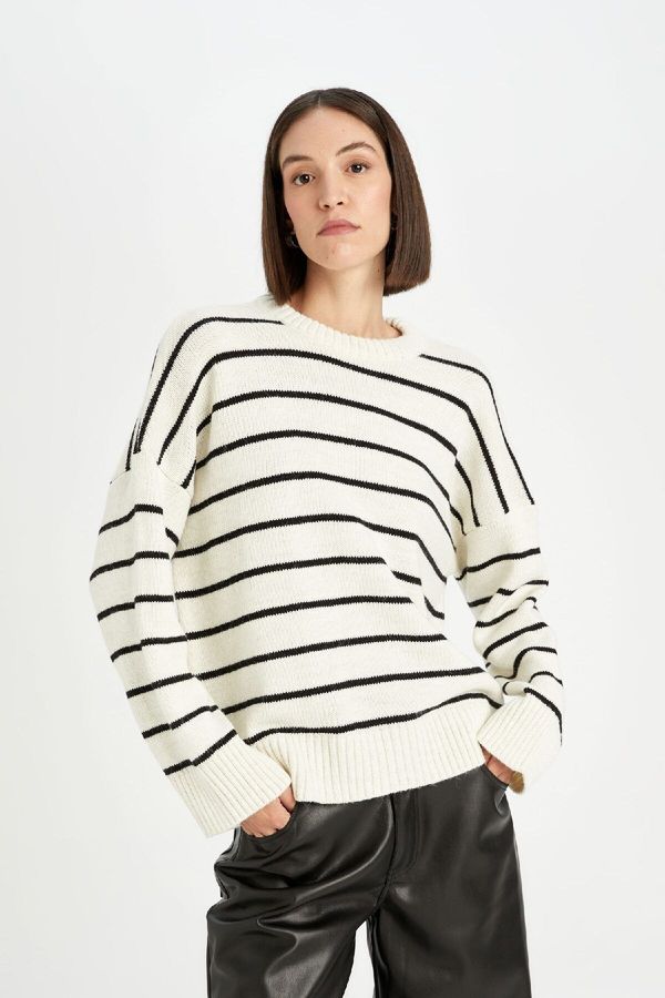 DEFACTO DEFACTO Oversize Fit Striped Crew Neck Sweater