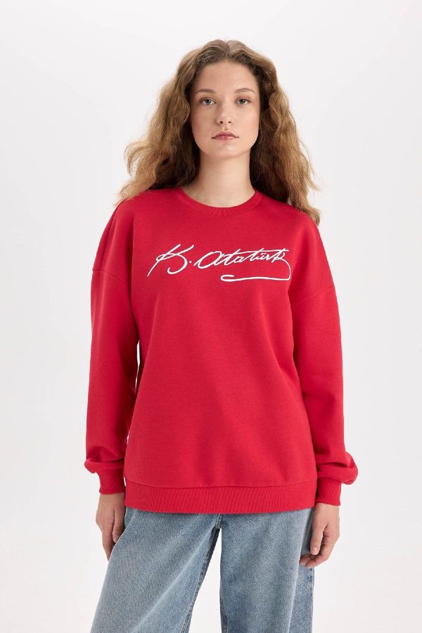 DEFACTO DEFACTO Oversize Fit Wide Mold Atatürk Signed Crew Neck Thick Fabric Sweatshirt