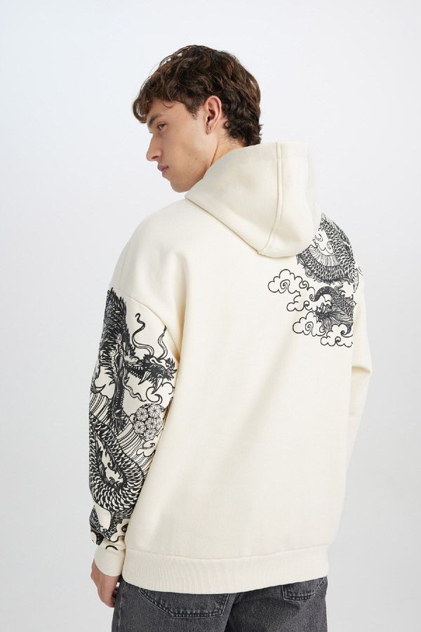 DEFACTO DEFACTO Oversize Fit Wide Pattern Hooded Printed Sweatshirt