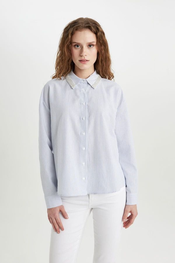 DEFACTO DEFACTO Oversize Wide Cut Striped Collar Beaded Detail Oxford Long Sleeve Shirt