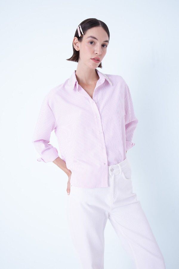 DEFACTO DEFACTO Oversize Wide Fit Striped Collar Beaded Oxford Long Sleeve Shirt