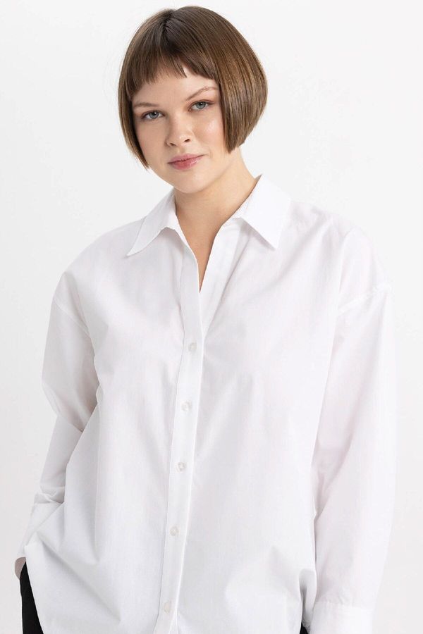 DEFACTO DEFACTO Oversize Wide Pattern Basic Plain Poplin Long Sleeve Shirt