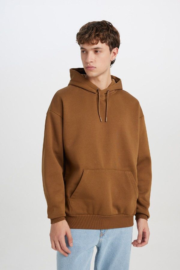 DEFACTO DEFACTO Oversize Wide Pattern Hooded Kangaroo Pocket Basic Plain Sweatshirt
