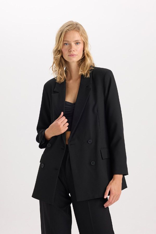 DEFACTO DEFACTO Oversize Wide Pattern Jacket Buttoned Collar Taffeta Basic Plain Blazer Jacket