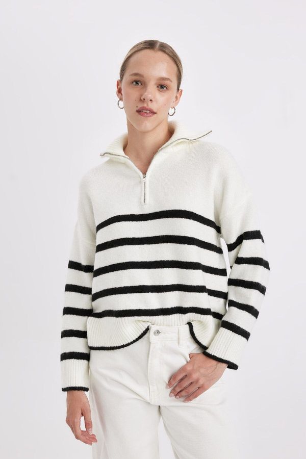 DEFACTO DEFACTO Oversize Wide Pattern Striped Half Zipper Stand Collar Knitwear Sweater