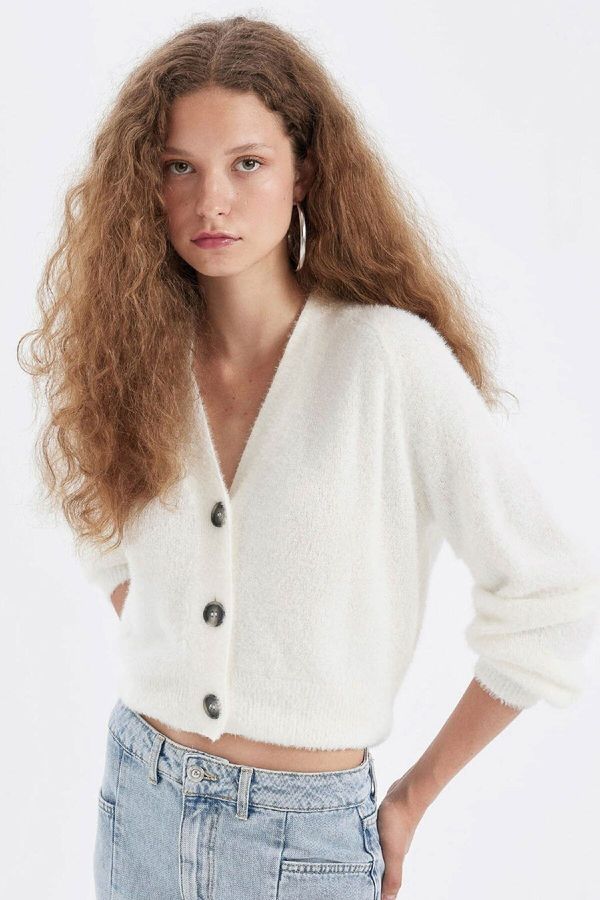 DEFACTO DEFACTO Oversize Wide Pattern V Neck Basic Plain Buttoned Knitwear Cardigan