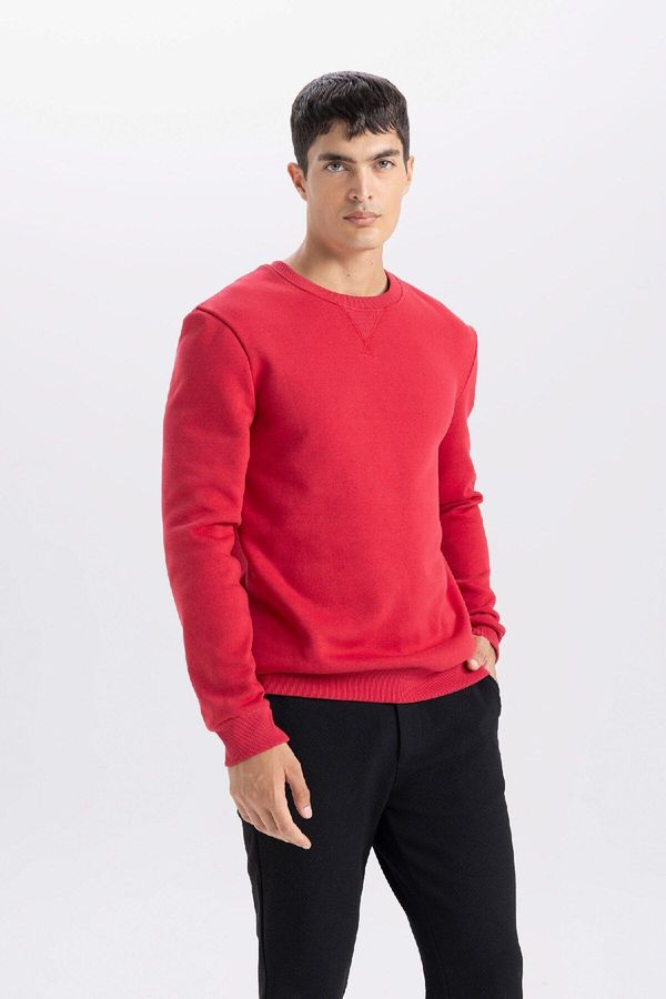 DEFACTO DEFACTO Red Regular Fit Crew Neck Thick Basic Plain Sweatshirt