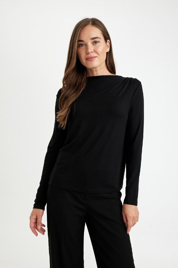 DEFACTO DEFACTO Regular Fit Cowl Neck Basic Plain Long Sleeve Black T-Shirt