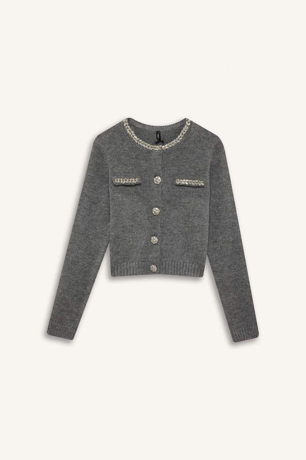 DEFACTO DEFACTO Regular Fit Crew Neck Stoned Buttoned Knitwear Cardigan