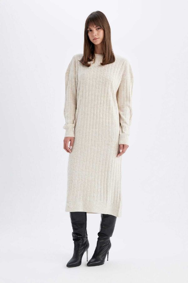 DEFACTO DEFACTO Regular Fit Half Turtleneck Basic Plain Long Sleeve Knit Dress