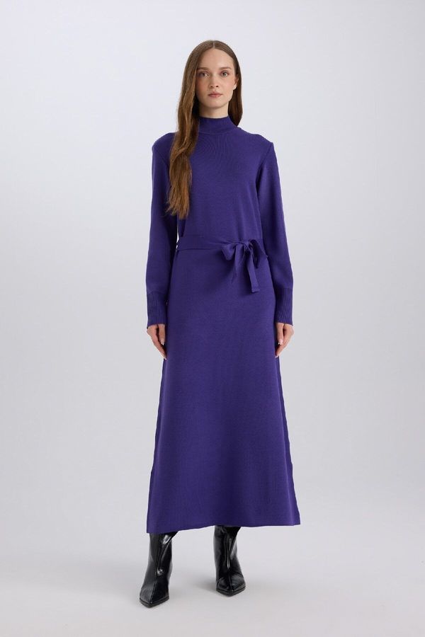 DEFACTO DEFACTO Regular Fit Half Turtleneck Long Sleeve Tie Detail Maxi Knit Dress