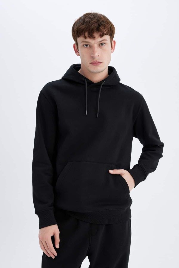 DEFACTO DEFACTO Regular Fit Hooded Kangaroo Pocket Soft Furry Basic Plain Sweatshirt