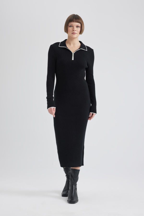 DEFACTO DEFACTO Regular Fit Polo Collar Half Zipper Basic Plain Long Sleeve Maxi Knit Dress