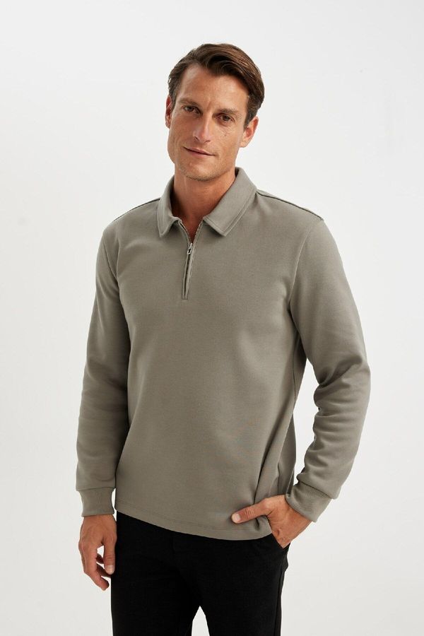 DEFACTO DEFACTO Regular Fit Polo Collar Half Zipper Basic Plain Sweatshirt