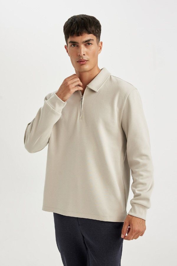 DEFACTO DEFACTO Regular Fit Polo Collar Half Zipper Basic Plain Sweatshirt