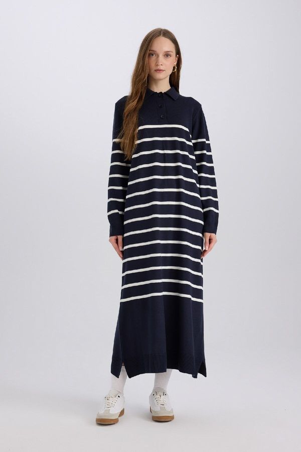 DEFACTO DEFACTO Regular Fit Polo Collar Striped Maxi Knit Dress